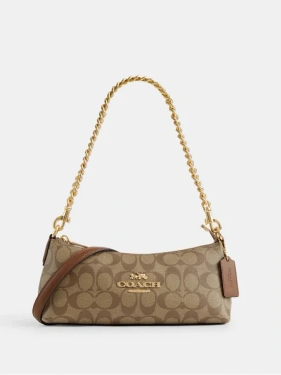 Coach Brown Signature Canvas Shoulder Bag with Gold Chain - Picture 3 of 14